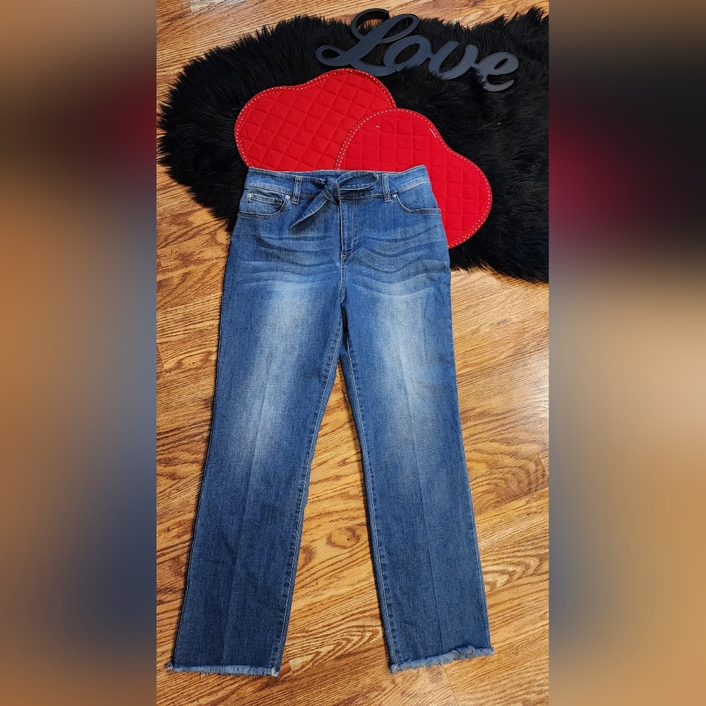 INC Blue Paper Bag Tie Waist Straight Leg Ankle Jeans Women’s Size 4